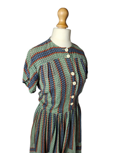 1940s Orange, Blue and Green Striped Floral Dress