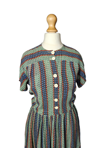 1940s Orange, Blue and Green Striped Floral Dress