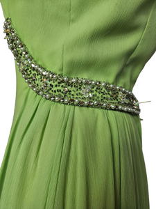 Late 1950s Lime Green Beaded Embellished Long Evening Dress