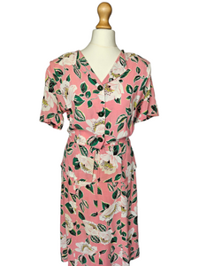 1940s Pink, Green and White Flower and Leaf Print Rayon Peplum Dress