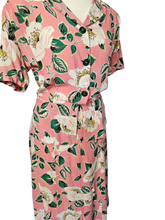 Load image into Gallery viewer, 1940s Pink, Green and White Flower and Leaf Print Rayon Peplum Dress
