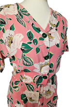 Load image into Gallery viewer, 1940s Pink, Green and White Flower and Leaf Print Rayon Peplum Dress
