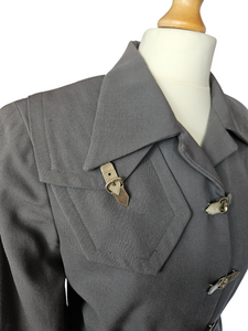1940s Grey Gabardine Suit With Buckle Buttons and Sharp Collar