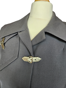 1940s Grey Gabardine Suit With Buckle Buttons and Sharp Collar