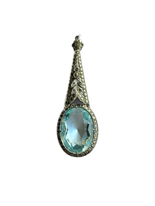 1930s Art Decp Faceted Blue Glass Marcasite Drop/Pendant