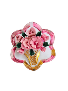 1940s Pink Flower Basket Reverse Carved Lucite Brooch
