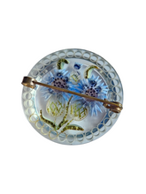 Load image into Gallery viewer, 1940s Chunky Blue Flower Reverse Carved Lucite Circle Brooch
