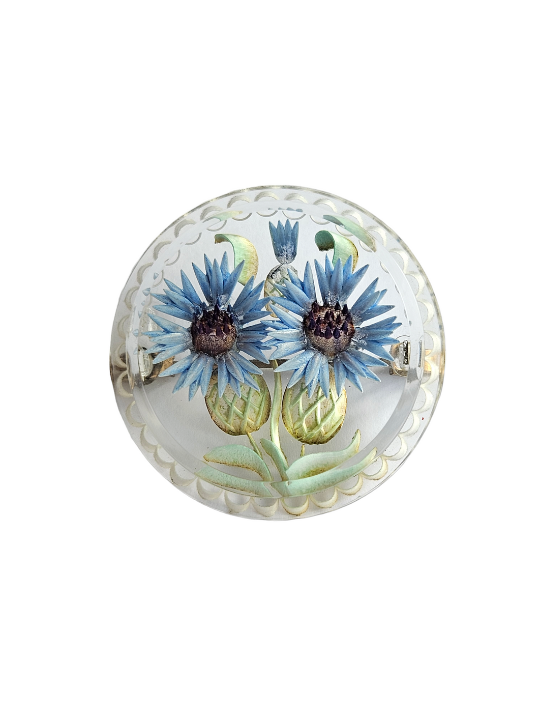 1940s Chunky Blue Flower Reverse Carved Lucite Circle Brooch