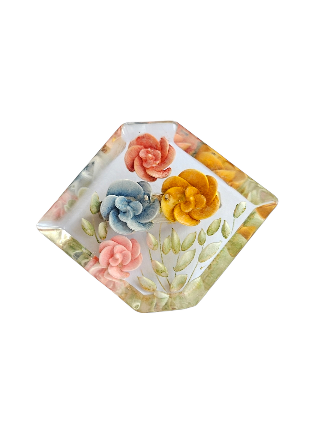 1940s Thick Reverse Carved Lucite Multicoloured Flower Brooch