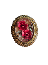 Load image into Gallery viewer, 1930s French Red Flower Lucite Metal Backed Brooch

