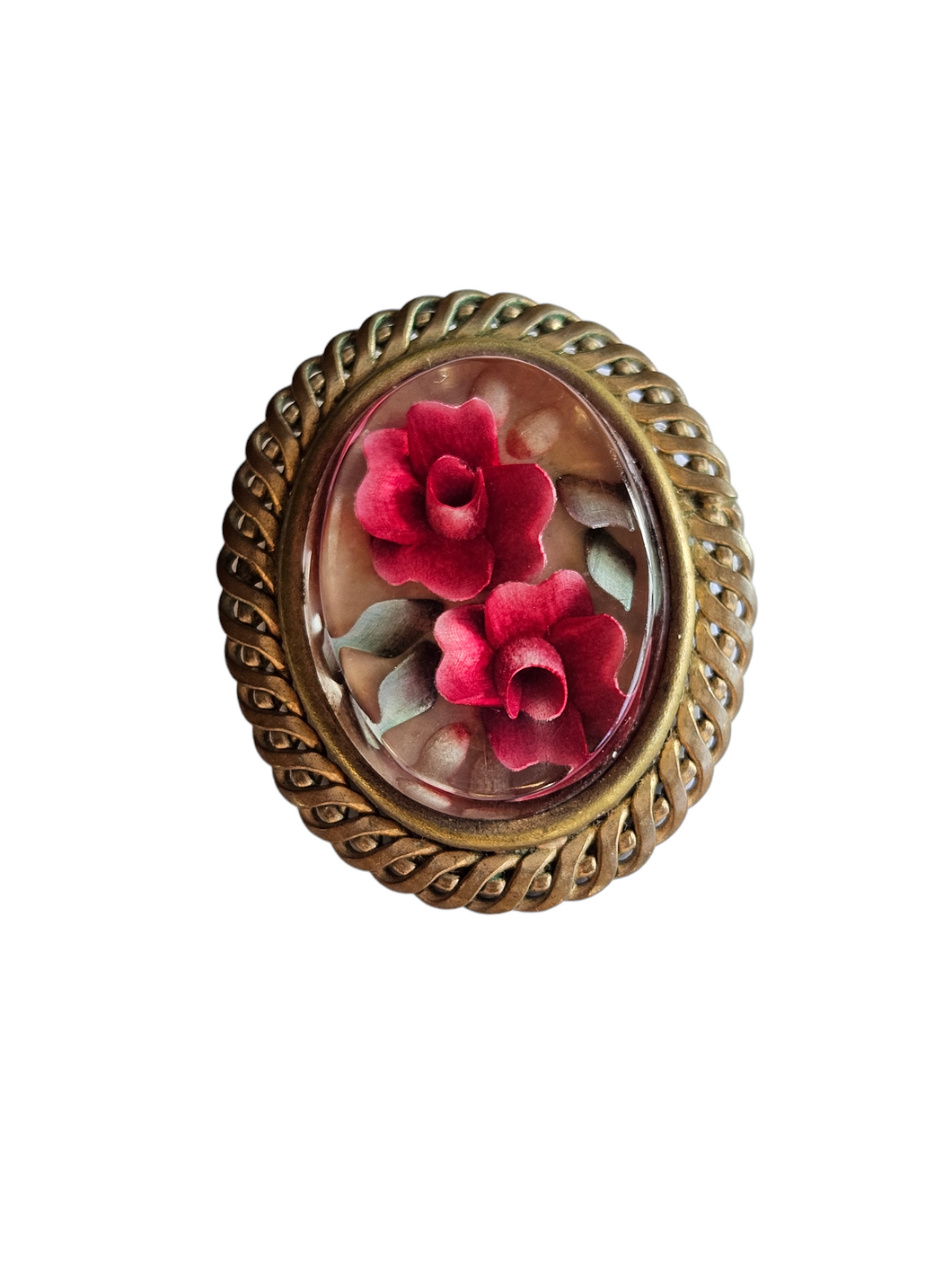 1930s French Red Flower Lucite Metal Backed Brooch