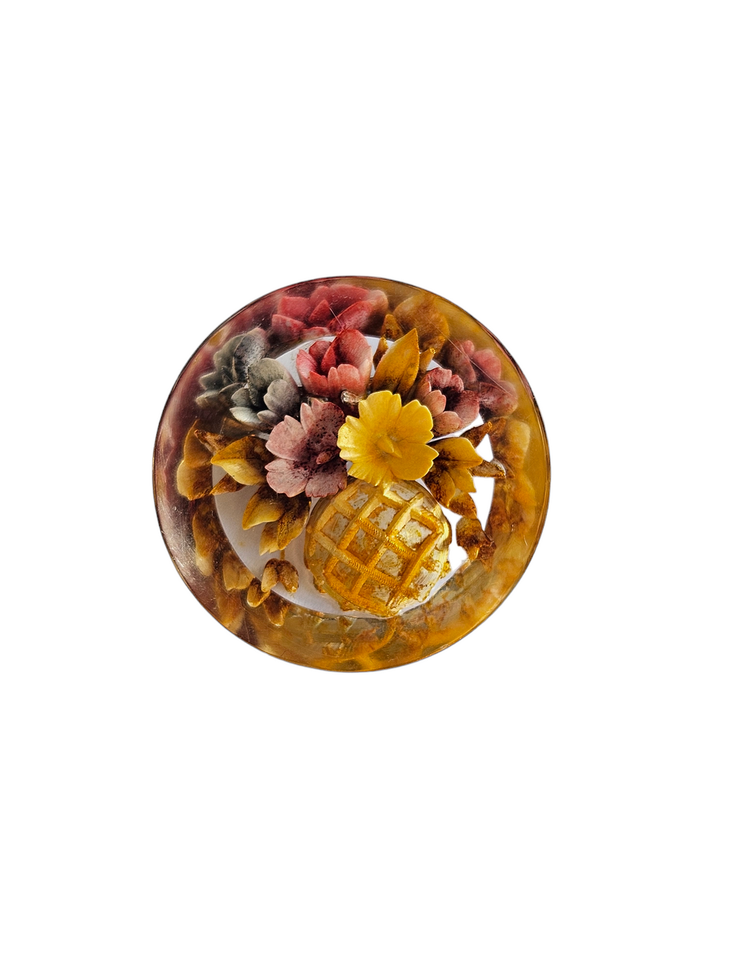 1940s Multicoloured Flower Basket Reverse Carved Lucite Brooch