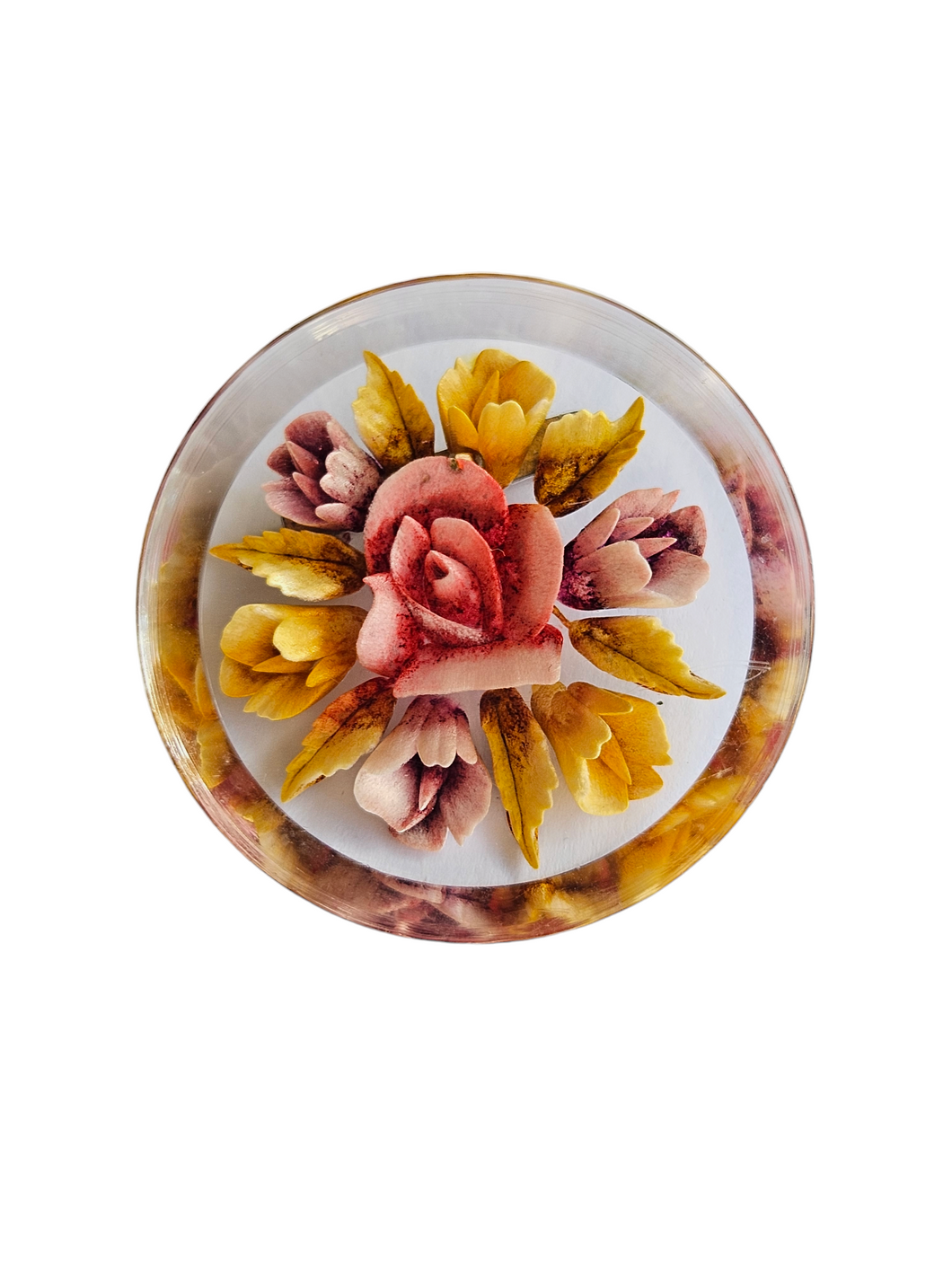 1940s Pink and Yellow Reverse Carved Lucite Brooch