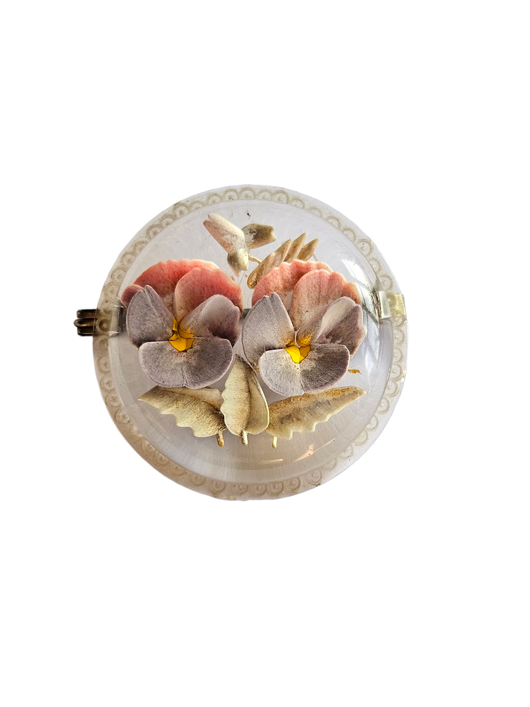 1940s Reverse Carved Lucite Lilac Pansy Flower Brooch