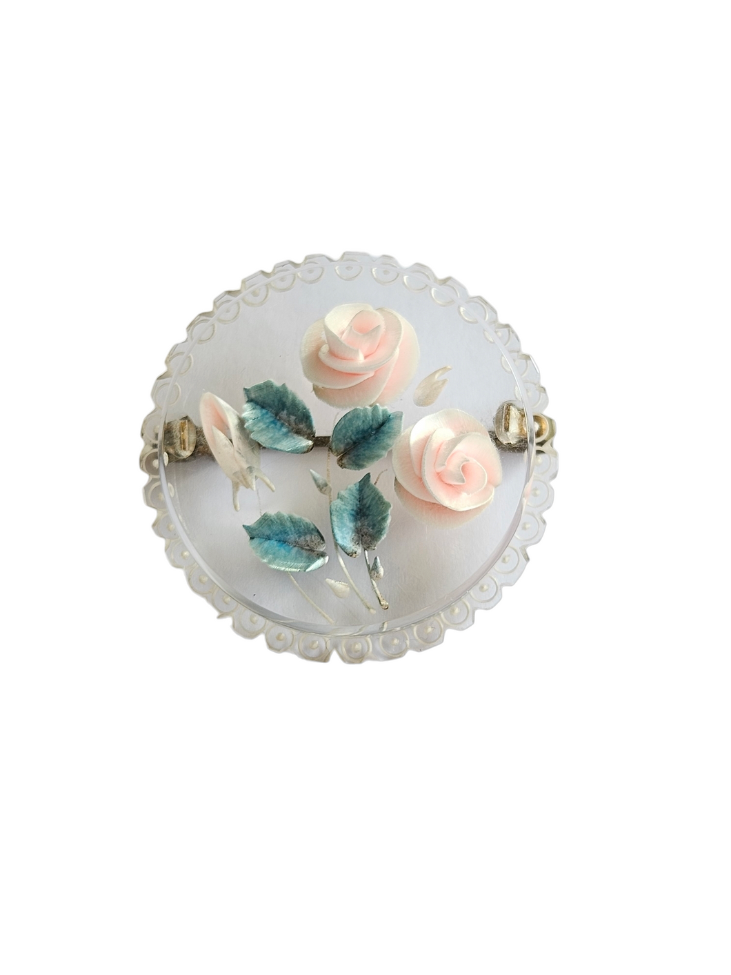 1940s Pink Rose Reverse Carved Lucite Chunky Brooch