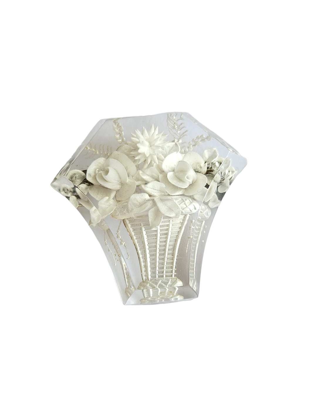1930s Chunky Thick White Flower Reverse Carved Lucite Brooch