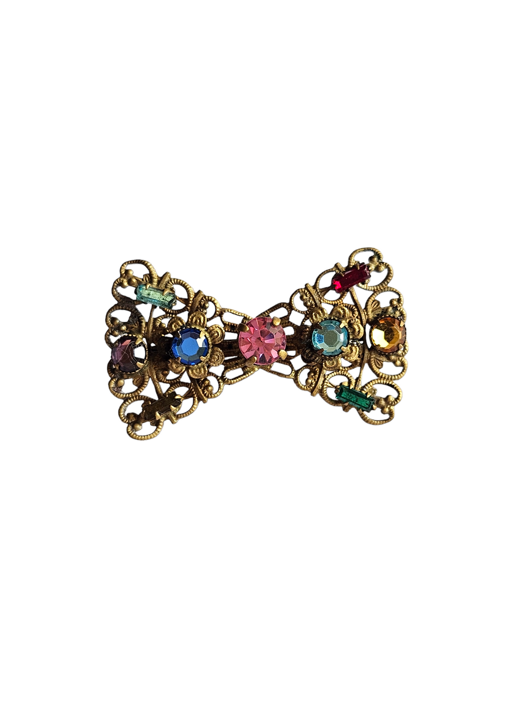 1930s Czech Gold Tone Filigree Glass Bow Brooch