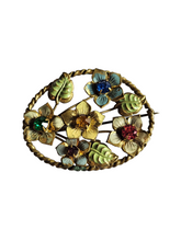 Load image into Gallery viewer, 1930s Czech Bright Glass and Enamel Multicoloured Flower Leaf Brooch
