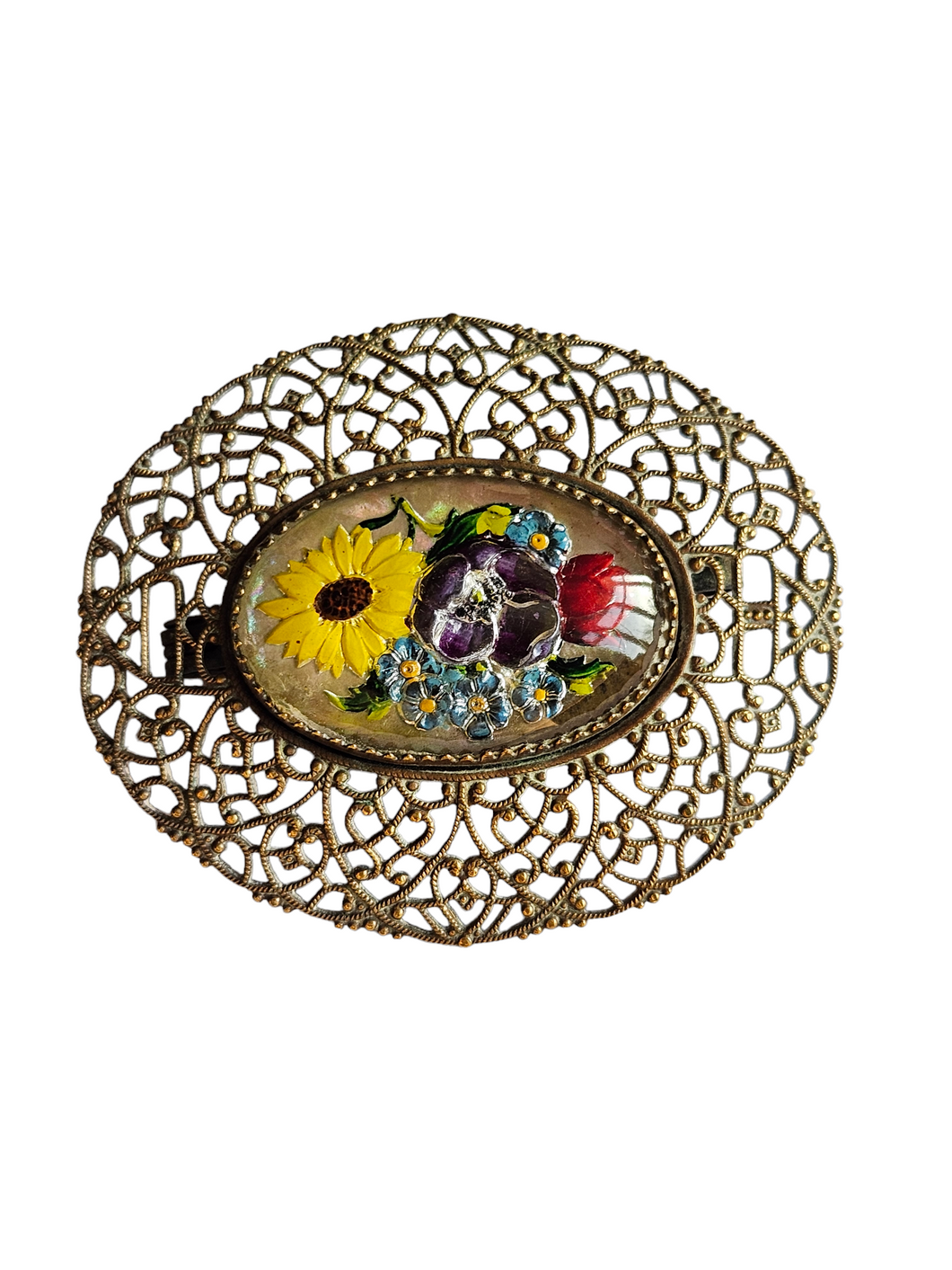 1930s Czech Multicoloured Flower Glass Filigree Brooch