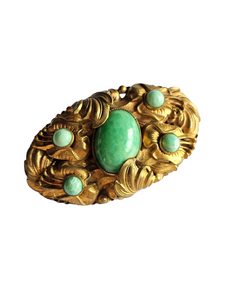 1930s Deco Czech Green Peking Glass Gold Tone Brooch