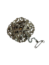 Load image into Gallery viewer, 1930s Czech Pale Blue Glass Silver Tone Filigree Brooch
