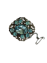 Load image into Gallery viewer, 1930s Czech Pale Blue Glass Silver Tone Filigree Brooch
