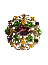 Load image into Gallery viewer, 1930s Huge Purple, Green, Orange and Brown Czech Glass Filigree Brooch
