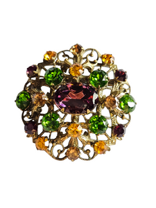 1930s Huge Purple, Green, Orange and Brown Czech Glass Filigree Brooch