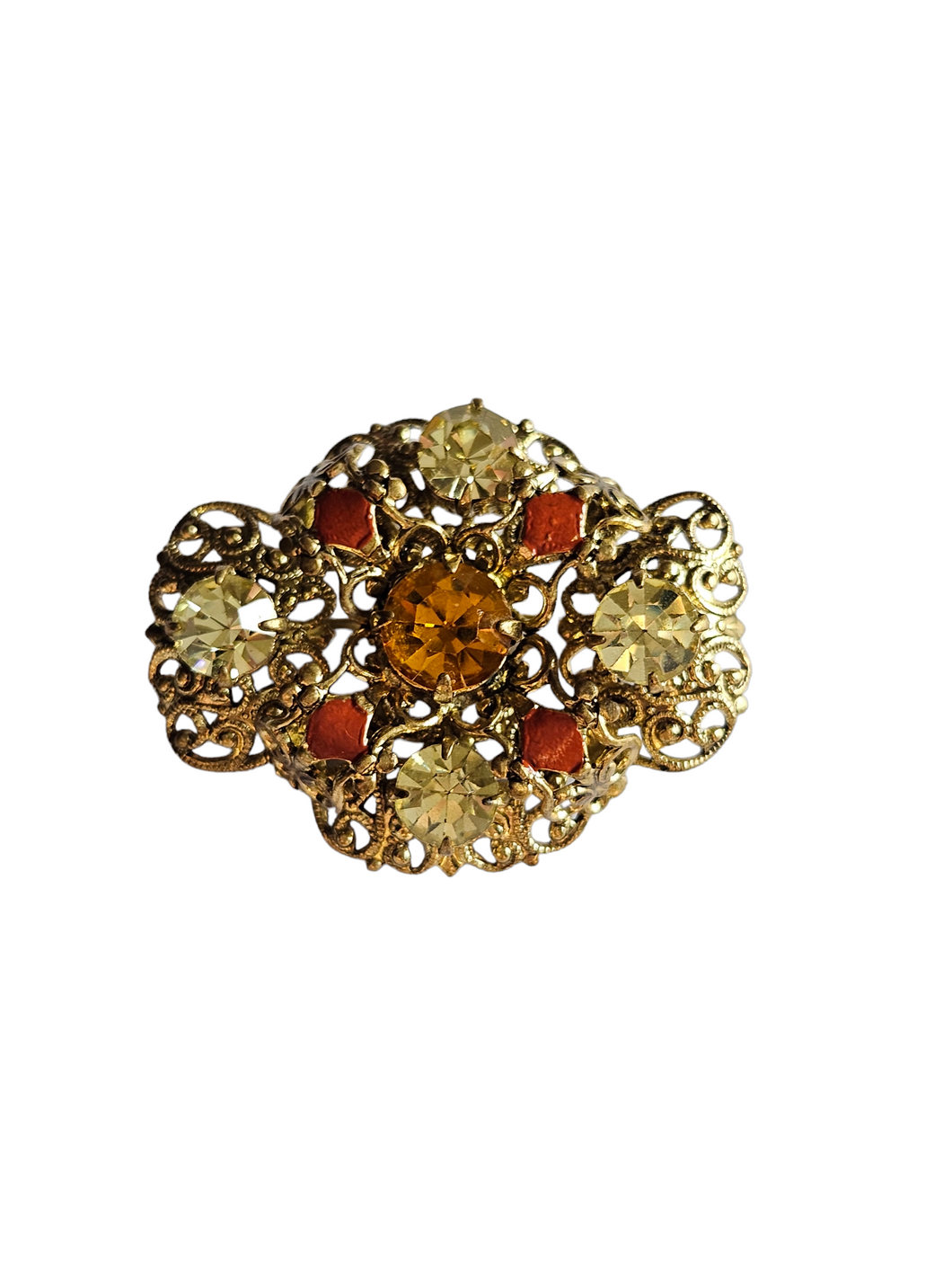 1930s Czech Bright Yellow Orange Glass Filigree Brooch