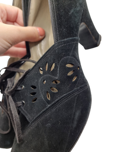 1940s Black Suede Cut Out Shoes