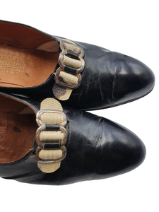 1920s Black Leather Shoes With Mock Snakeskin Buckle Front