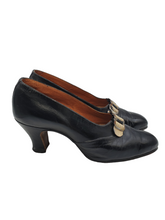 Load image into Gallery viewer, 1920s Black Leather Shoes With Mock Snakeskin Buckle Front
