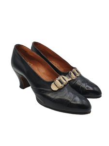1920s Black Leather Shoes With Mock Snakeskin Buckle Front