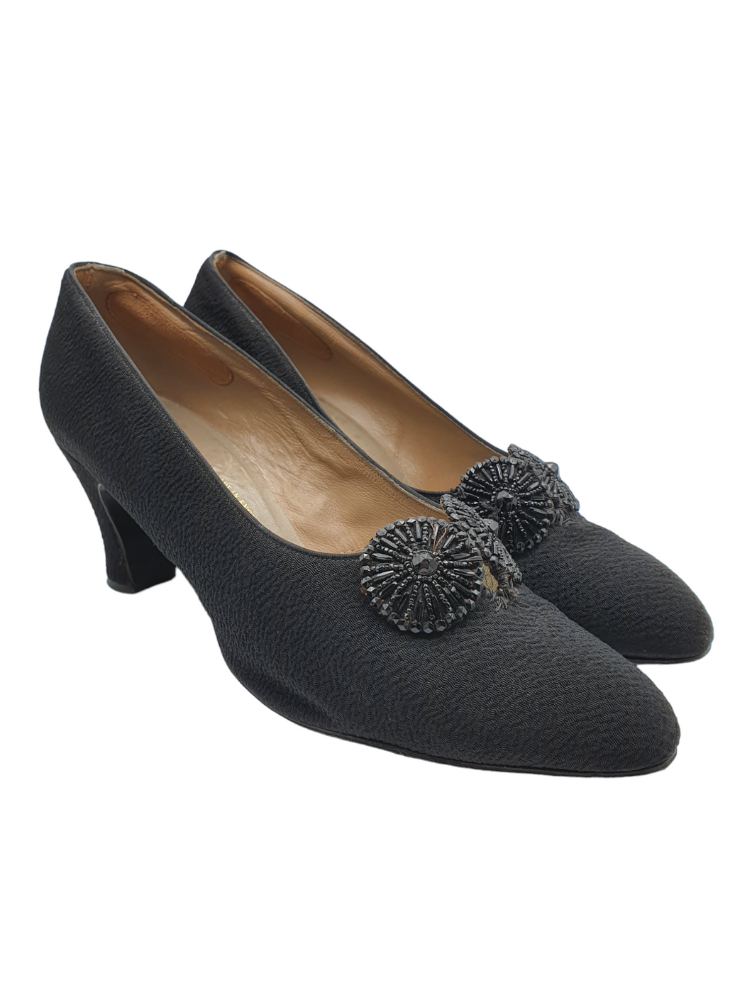 1920s Black Fabric Court Shoes With Beading