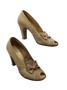 1940s Canvas and Mesh Cream/Beige Peep Toe Court Shoes With Bow