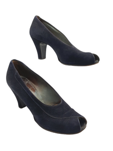 1940s Navy Blue Suede Peep Toe Court Shoes
