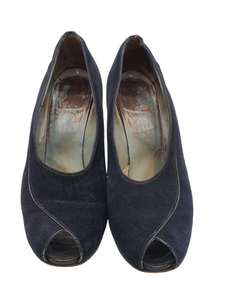1940s Navy Blue Suede Peep Toe Court Shoes