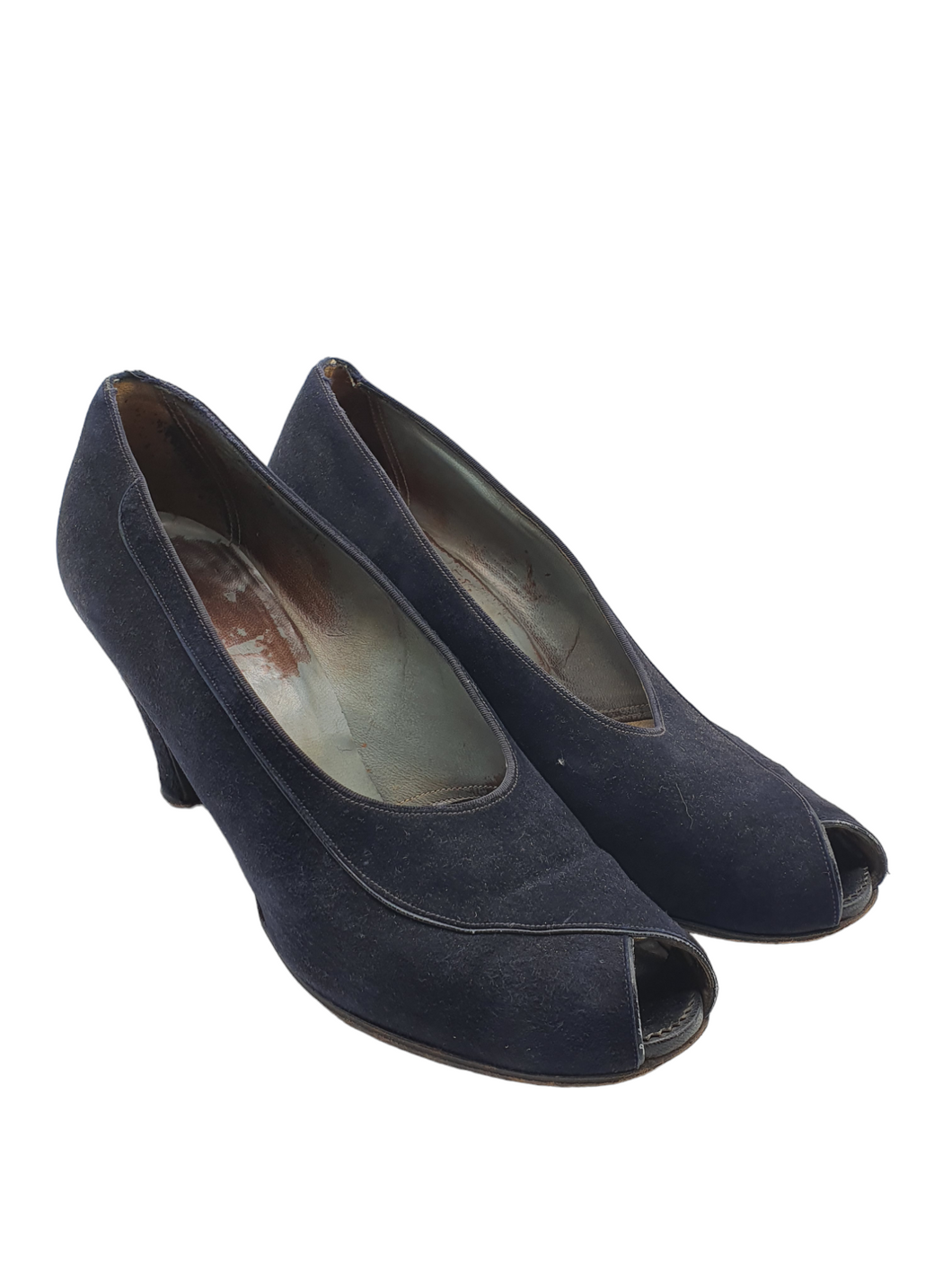 1940s Navy Blue Suede Peep Toe Court Shoes