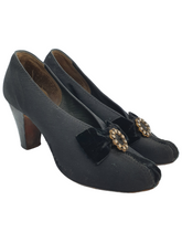 Load image into Gallery viewer, 1930s Black Canvas and Velvet Court Shoes With Diamante Embellishment and Patent Heel
