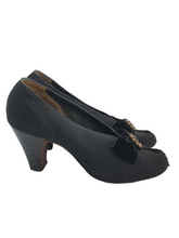 Load image into Gallery viewer, 1930s Black Canvas and Velvet Court Shoes With Diamante Embellishment and Patent Heel
