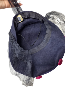1940s Navy Blue Felt and Pink Velvet Hat With Netting