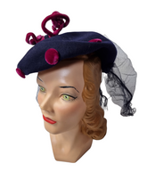 Load image into Gallery viewer, 1940s Navy Blue Felt and Pink Velvet Hat With Netting
