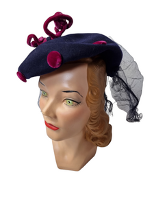 1940s Navy Blue Felt and Pink Velvet Hat With Netting