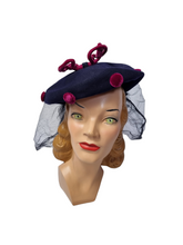 Load image into Gallery viewer, 1940s Navy Blue Felt and Pink Velvet Hat With Netting
