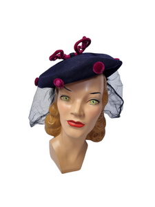 1940s Navy Blue Felt and Pink Velvet Hat With Netting