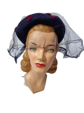 Load image into Gallery viewer, 1940s Navy Blue Felt and Pink Velvet Hat With Netting
