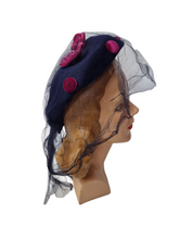 Load image into Gallery viewer, 1940s Navy Blue Felt and Pink Velvet Hat With Netting
