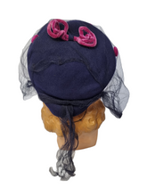 Load image into Gallery viewer, 1940s Navy Blue Felt and Pink Velvet Hat With Netting
