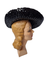 Load image into Gallery viewer, 1940s Black Sequin And Net Halo/Tilt Hat
