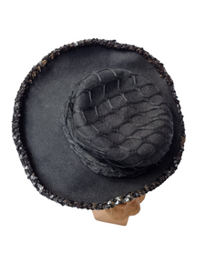 1940s Black Sequin And Net Halo/Tilt Hat